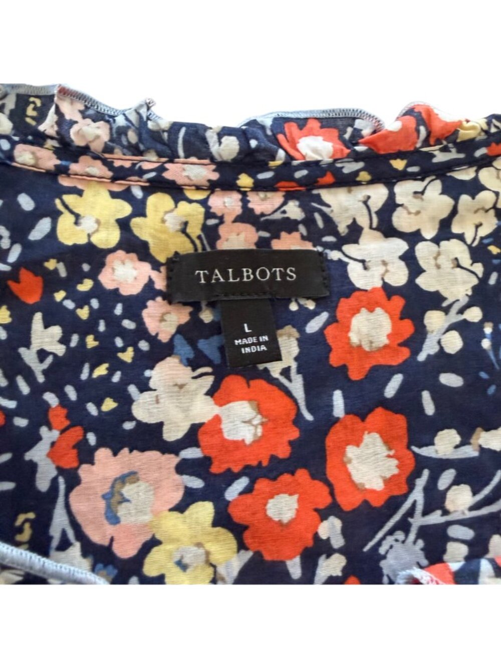 Talbots Ruffle Trim Top L Womens Navy Blue Floral Cotton Short Sleeve Blouse - Picture 6 of 10